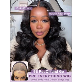 YIROO 13X4 HD Pre Everything Real Scalp Wig Glueless Body Wave Lace Frontal Human Hair Wigs Loose Body Wave with Face Framing Curtain Bangs Pre Plucked Pre Cut Bleached Knots Wig 180% Density 22Inch