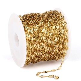 33FT 18K Gold Plated Chains Roll 2mm Stainless Steel Sparkle Lip Link Chains Spool Bulk for DIY Jewelry Making Crafts