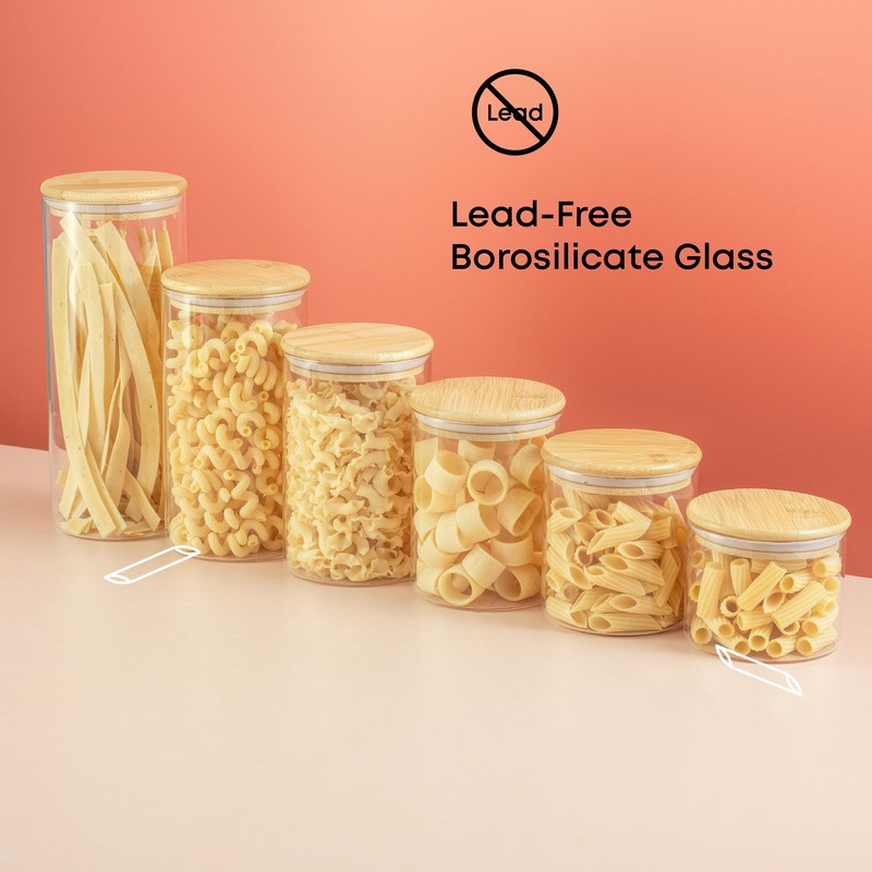 JoyJolt Borosilicate Glass Jars With Bamboo Lids. 6 Pc Set