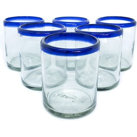 MexHandcraft Cobalt Blue Rim 10 oz Tumblers (set of 6), Recycled Glass, Lead-free, Toxin-Free (Tumbler)