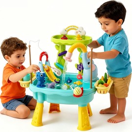2027 Upgraded Toddlers 1-3 Water Table with Electric Pump, Kids Water Table with Faucet Play Food Accessories Fishing Toy, Kitchen Play Sink Toys for Girl Boy Age 3+ (Blue)