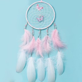 Pink Butterflies Dream Catcher Handmade Colorful Feather Dream Catchers Wall Decoration for Girls Kids ，Beautiful Wall Art. Great Decoration for Bedroom,Baby Tent,Sitting Room,Balcony,Party.
