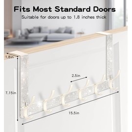 Mulixis White Bling Over The Door Hooks,Rhinestone Door Clothes Hanger,Over The Door Towel Rack for Bathroom, Bedroom，Kitchen，Hanging Towels, Coats,Hat,Handbag（6 Hooks White）