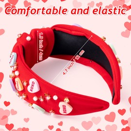 PANTIDE Conversation Heart Jeweled Knotted Headband - Valentine's Day XOXO Love Candy Rhinestone Pearl Embellished Headband Wide Top Knot Fashion Hairband Christmas Birthday Gift for Women Girl (Red)