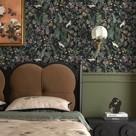 VEELIKE Whimsical Berries and Bird Wallpaper Peel and Stick Black Sprig Floral Wallpaper for Bedroom Living Room 17.7''x118'' Self Adhesive Removable Dark Botanical Wall Paper for Bathroom Dining Room