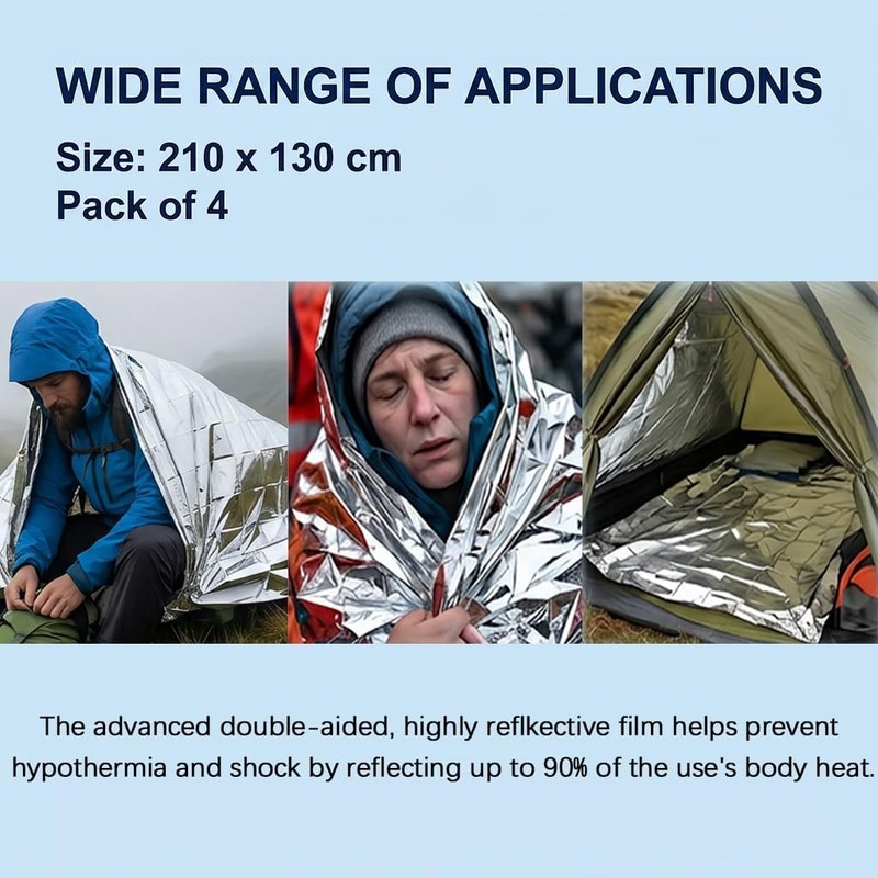4 Pack Emergency Foil Blankets Survival Thermal Mylar Blankets, 210×130cm