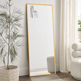 NeuType 47"x16" Full Length Mirror with Standing Holder Aluminum Alloy Frame Floor Mirror Wall-Mounted Mirror for Living Room, Bedroom, Hanging or Leaning Against Wall, Golden (with Stand)