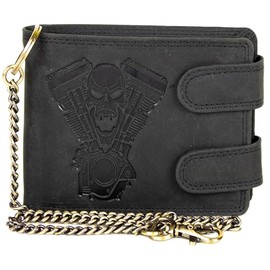 Biker Men's Cognac Leather Wallet with Skull & V2 Motor Embossing - Wallet with Chain, RFID Protection, 10 Card Slots, Coin Compartment & Zip Compartment - Rocker Wallet Motorcycle Style, black, biker
