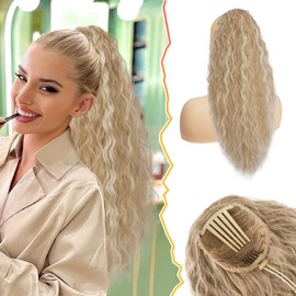 BARSDAR Comb Clip Drawstring Ponytail Extension - 22 Inch Curly Wavy Blonde Drawstring Ponytail for Women - Synthetic Comb Clip in Fake Pony Tails Hairpieces Daily - Sandy Blonde with Highlights