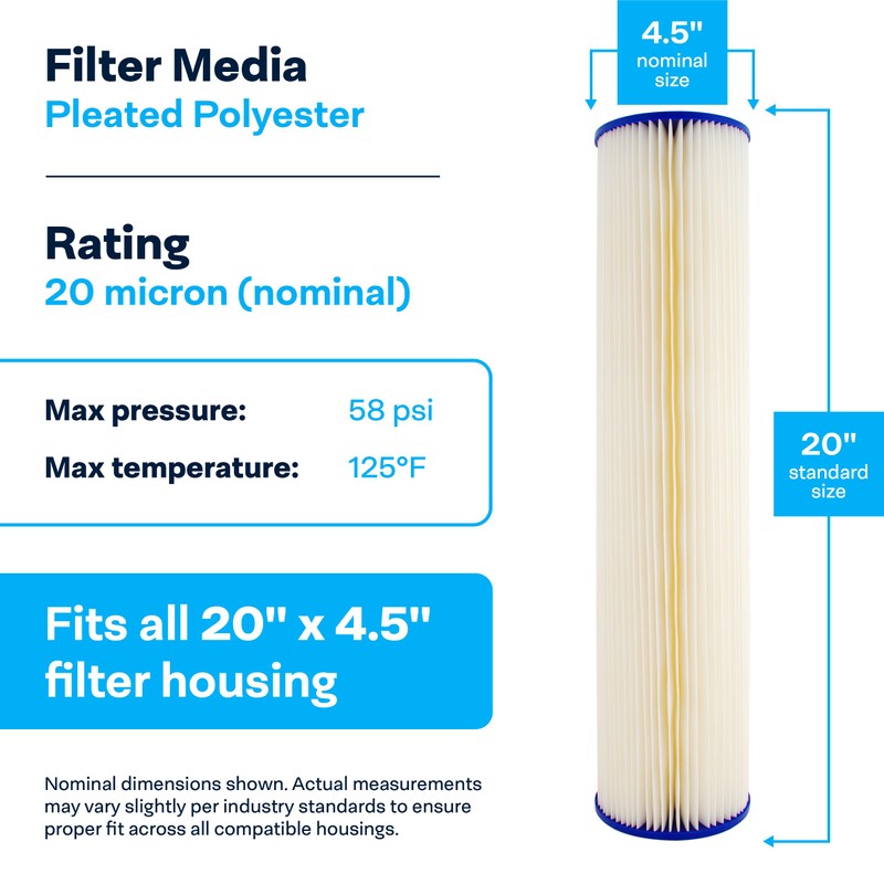 SpiroPure SP-S1-20BB 20x4.5 20 Micron Pleated Polyester Sediment Water Filter