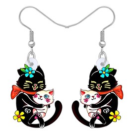 YAYAKO Cute Cat Earrings Dangle Mom with Baby Kitten Jewellery Mother's Day Gifts for Wife Mom Acrylic Women Girls Charms from Daughter (Black White)