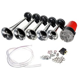 ePathChina 5pcs 12V 125dB Dixie Musical Sound Air Horn Kit 5 Powerful Super Loud Trumpet with Compressor for Any 12V Vehicle Car Truck Boats（Silver）
