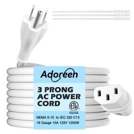 Adoreen 10 Ft Computer TV Replacement Power Cord White, Low Profile Flat Plug to 90 Degree Angled L-Shaped 18AWG 3-Prong AC Universal Power Supply Cable for Printer, PC, Monitor TV LCD, ETL+Ties