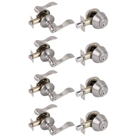 Probrico 4 Set of Satin Nickel Exterior Entry Lever and Single Cylinder Deadbolt,Keyed Alike Combo Pack, Keyed Handleset Lockset Exterior(for Front Door and Outside Gate)