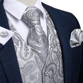DiBanGu Paisley Men Suit Vest Silver Vest and Tie Pocket Square Cufflinks Formal Waistcoat Set for Tuxedo