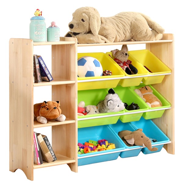 MallBest 4-Tier Kids' Toy Storage Organizer Shelf - 100% Solid Wood,Children's Storage Cabinet with 9 Plastic Bins and 3 Storage Ports (Varnish)