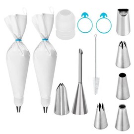 14-Piece Reusable Piping Bags and Tips Set- Cotton Baking Kit with Coupler, Stainless Steel Nozzles,Silicone Cable Ties& Cleaner for Cakes/Cupcakes/Cookies Decorating (14)