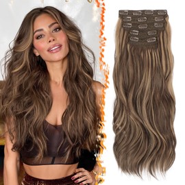 BARSDAR Highlight Hair Extensions Clip ins - 20 Inch Wavy Clip in Hair Extensions for Women - 5PCs Voluminous Layered Hair Extensions Lace Weft Synthetic Hairpieces - Brown with Honey Blonde