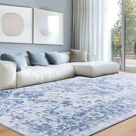 Area Rug 8x10, Washable Rug for Living Room, Large Area Rugs for Bedroom, Vintage Rug 8x10 for Dining Room, Non Slip Soft Low Pile Indoor Carpet for Kitchen, Nursery, Office, Farmhouse, Blue