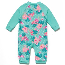 BONVERANO Little Girls' Swimming Costume One Piece Extra Long Zip with Swimming Cap UV Protection 50+, Green (green flower)