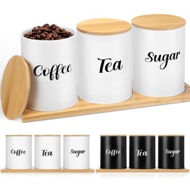 Reallnaive Coffee Tea Sugar Container Set with Tray, Set of 3 Airtight Metal Canister with Bamboo Lids, Farmhouse Kitchen Counter Organizer for Coffee Bar and Drink Station (White)