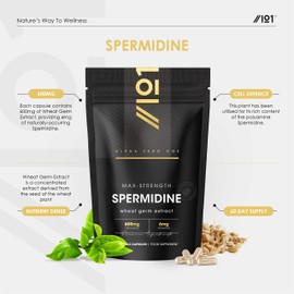 Spermidine Wheat Germ Extract – 600mg per Capsule - 6mg Spermidine High Strength Supplement – 60 Vegan Capsules (2 Months Supply) by Alpha01