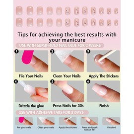 FUGLUS 24 Stück Weiß Eckig Nägel Zum Aufkleben Kurz mit Blumen Muster,Gradient Pink Press on Nails,Kunstnägel Fake Nails für Nails Art,Square French Künstliche Nägel Frauen