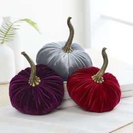 Set of 3 Small Velvet Pumpkins, elegant jewel tone home decor gift set for friend, fall cozy vibe, Thanksgiving tablescape, wedding centerpiece, hygge home, bowl filler (Plum, Burgundy, Gray)
