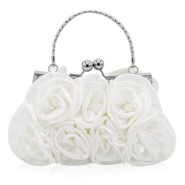 Initlove Satin Flower Clutch Bags for Women Rose Evening Prom Purse Bridal Handbag for Wedding White