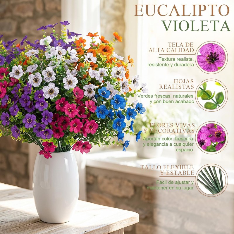 15 Flores Artificiales Decoracion, Flores Artificiales Violeta con Hojas de