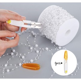 Adorfine Pearl Garland White 60 m Pearl Ribbon Pearl Necklace Decoration with Stainless Steel Scissors for Wedding and Party Decoration Birthday Christening Table Decoration DIY Crafts