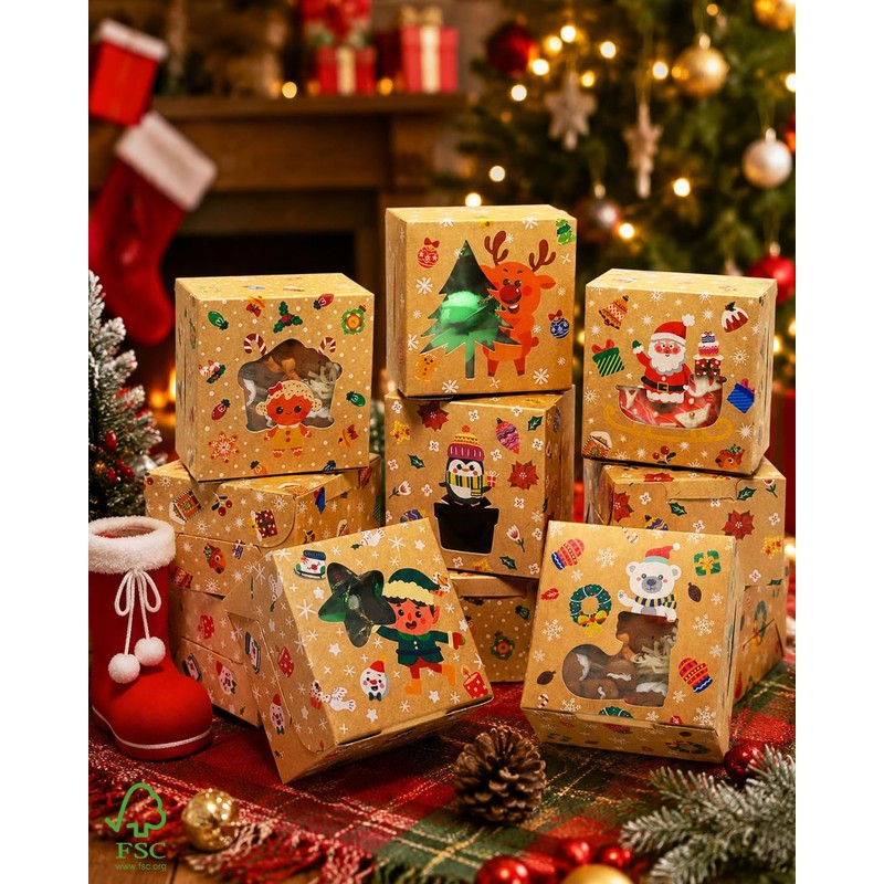 Qiqee 60pc Christmas Cookie Boxes with Window 4x4x2.5 Small Treat