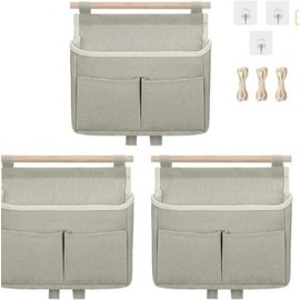 Kellegour 3 Pieces Wall Hanging Storage Bag with Pockets,Wall Hanging Organizer with Pockets,Hanging Storage Organiser,Linen-Cotton Bedside Storage with Hooks,for Kitchen,Bedroom,Office,RV Car,Grey