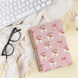 QLMX Pink Bow Christmas Spiral Notebook, Coquette Journal, Pink Santa Journal Notebook, Preppy Notebooks for School Work, Christmas Santa School Supplies Gifts for Teen Girls Women, 5.5x8.3 Inch