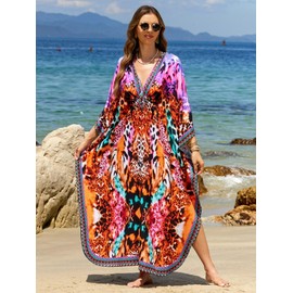 IMAGEKOPE Kaftan Dresses for Women Plus Size V-Neck Moo Moos Batwing Kaftan Beach Dress Bathing Suit Cover-Up Loungewear