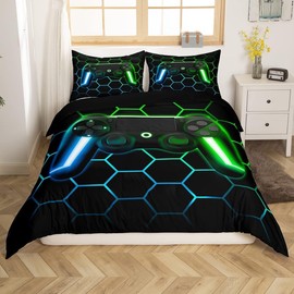 Gaming Comforter Cover For Boys Teen Game Contoller Duvet Cover For Kids Single,Glitter Gamepad Alternative Bedding Set For Glitter Honeycomb Geometric Quilt Cover With 1 Pillowcase Gamer Home Decor