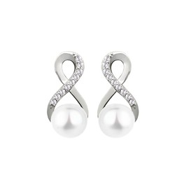 Rhodium on Sterling Silver Infinity Knot 7mm Natural Freshwater Pearl Pave CZ Stud Earrings