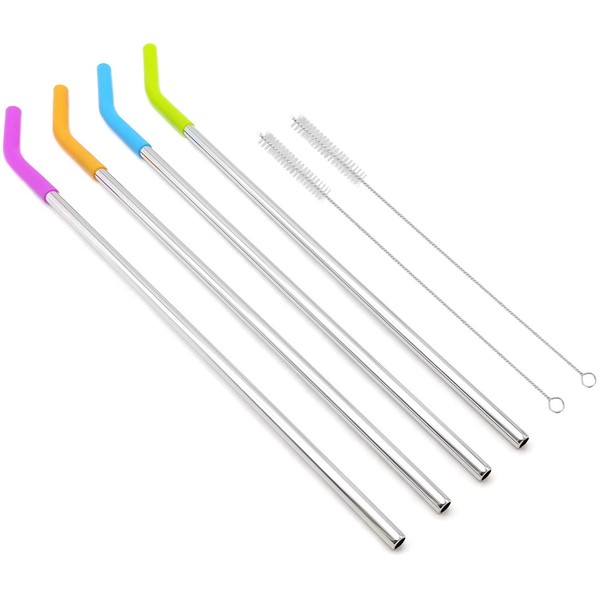 Big Drinking Straws Reusable 14.5" Extra Long 8mm Extra Wide Food-Grade 18/8 Stainless Steel Silicone Elbows Tips for Smoothie Milkshake Cocktail Juice Hot Drinks - Set of 4 + 2 Cleaning Brushes