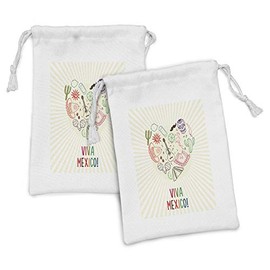 Ambesonne Hispanic Fabric Pouch Set of 2, Colorful Viva Mexico Lettering with Heart Shaped Traditional Print, Small Drawstring Bag for Toiletries Masks and Favors, 9" x 6", Cream and Multicolor