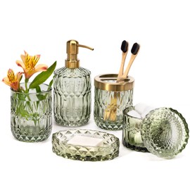 EMPO EMPO 6PCS Bathroom Clear Glass Accessories Set (Lotion Soap Dispenser, Soap Dish, Toothbrush Holder, Tumbler, Cotton Swab Jar), Contemporary Modern Decor Crystal Vintage Gift (6pcs Green)