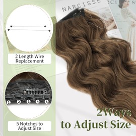 KooKaStyle Invisible Wire Hair Extensions with Transparent Headband Adjustable Size 4 Secure Clips Long Wavy Secret Wire Hairpiece 24 Inch for Women (24 Inch, Chestnut Brown)