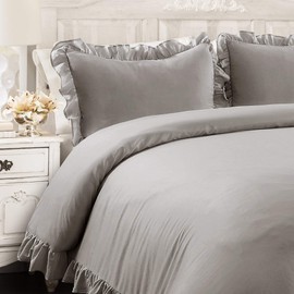 Lush Decor Reyna Comforter Ruffled 3 Piece Bedding Set with Pillow Shams, King, Gray
