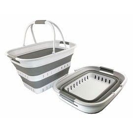 SAMMART Collapsible Laundry Basket with Handles 35L (9.25 Gallons) - Portable Outdoor Picnic Basket/Crate - Foldable Basket for Camping (White/Grey (Set of 2))