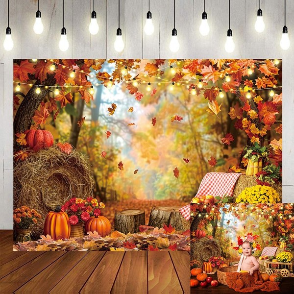 Fall Photography Backdrop Autumn Maple Leaves Pumpkin Banner Thanksgiving Friendsgiving