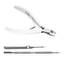 Criyar Fine Edge Cuticle Trimmer & Nippers, Scissors, Silicone Handle Nail Tools for Precise Removal, Durable Washable Cuticle Cutter & Remover & Pusher Nail Clippers (White+ Pusher 1Set)