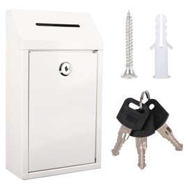 Metal Donation Box with Lock Ballot Box Drop Box with Lock Suggestion Box with Slot and Lock Metal Lock Box Comment Box Voting Box Key Drop Box for Home Office(White,10.24 x 5.71 x 2.95 Inch)