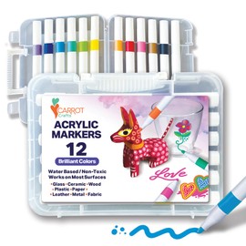 Carrot Crafts 12 Colors Acrylic Paint Markers Set, Highly Pigmented, Medium Tip, Works for Rock Painting, Fabric, Canvas, Wood, Metal And Paper, Fast Drying, No Need To Shake or Press Down.