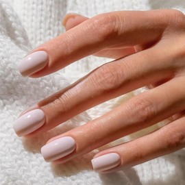 24pcs False Nails Short - Square Press On Nails - Light Pink Fake Nails With Glue - Classic Solid Color Glue On Nail - Glossy Resuable Acrylic Gel Stick On Nail For Women Girls Manicure DIY