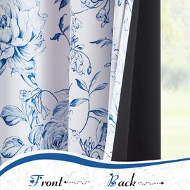 Beauoop Floral 100% Blackout Curtains 63 Inches Long 2 Panels for Bedroom Living Room Navy Blue White Farmhouse Rose Flower Patterned Room Darkening Thermal Grommet Window Treatments Drapes, 50X63
