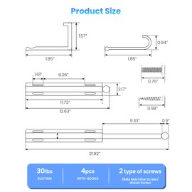 Valet Rod for Closets, 12" Valet Rod With 4 Hooks, Closet Organizer Slide Out Clothing Hanger Rods Extender Perfect for Suits,Dresses,Belt,Tie